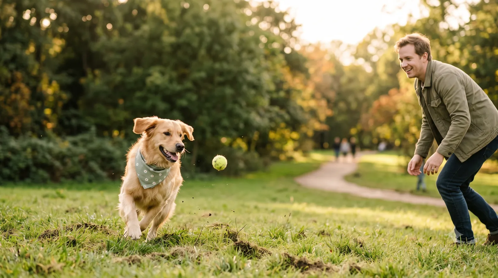 Golden Retriever playing fetch in a park while wearing an N&H bandana